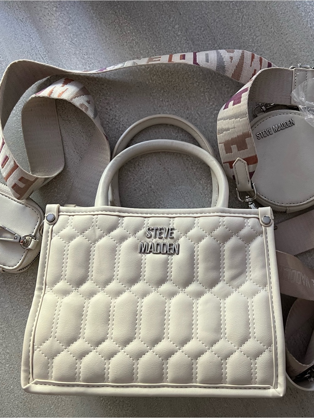 Steve Madden Cream Quilted Satchel with 3B Straps and 2 coin purses